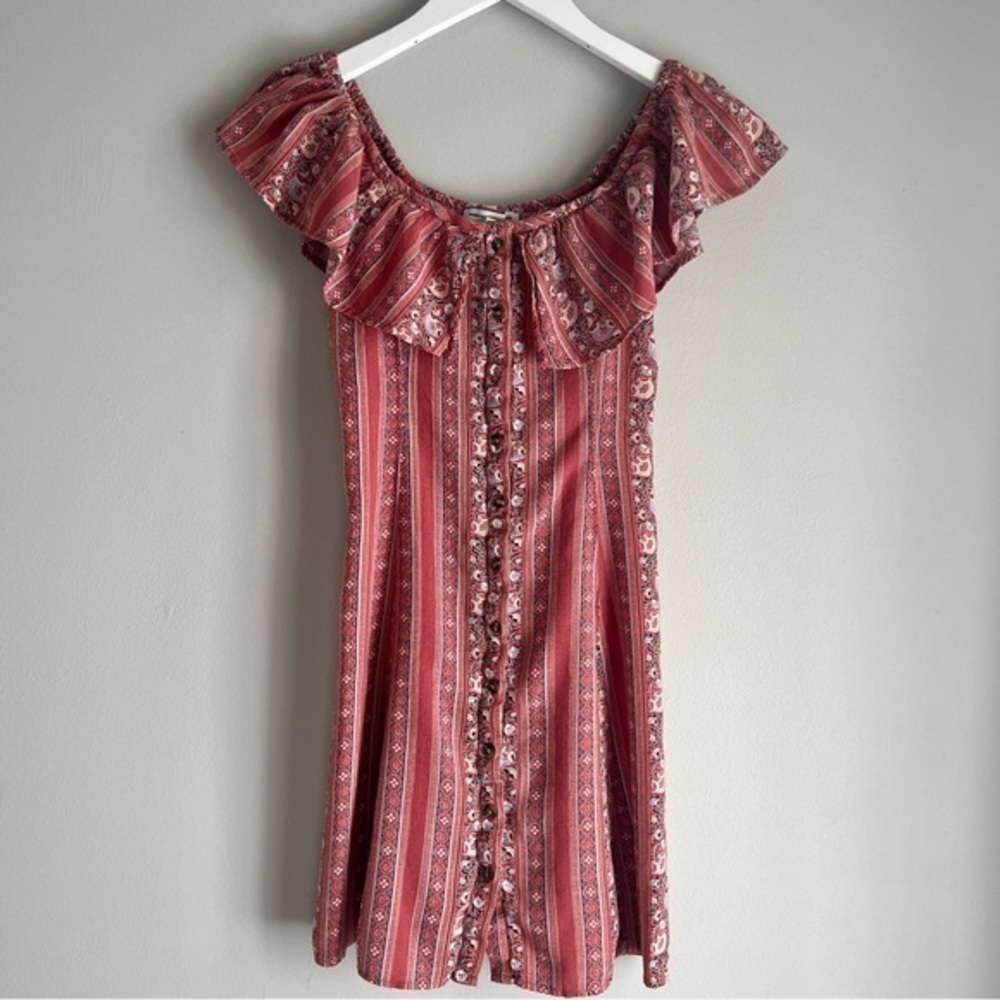 American Eagle Boho Dress Ruffle Off The Shoulder Rose Pink Button Size XS